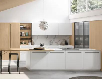 Cucina Moderna Metropolis v05 in Pet Bianco e Rovere Sole con top in HPL Calacatta di Stosa