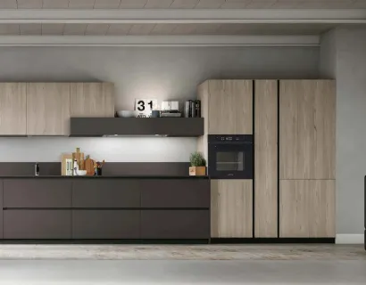 Cucina Moderna lineare Metropolis v08 in Fenix Cacao e Larice Sabbia di Stosa