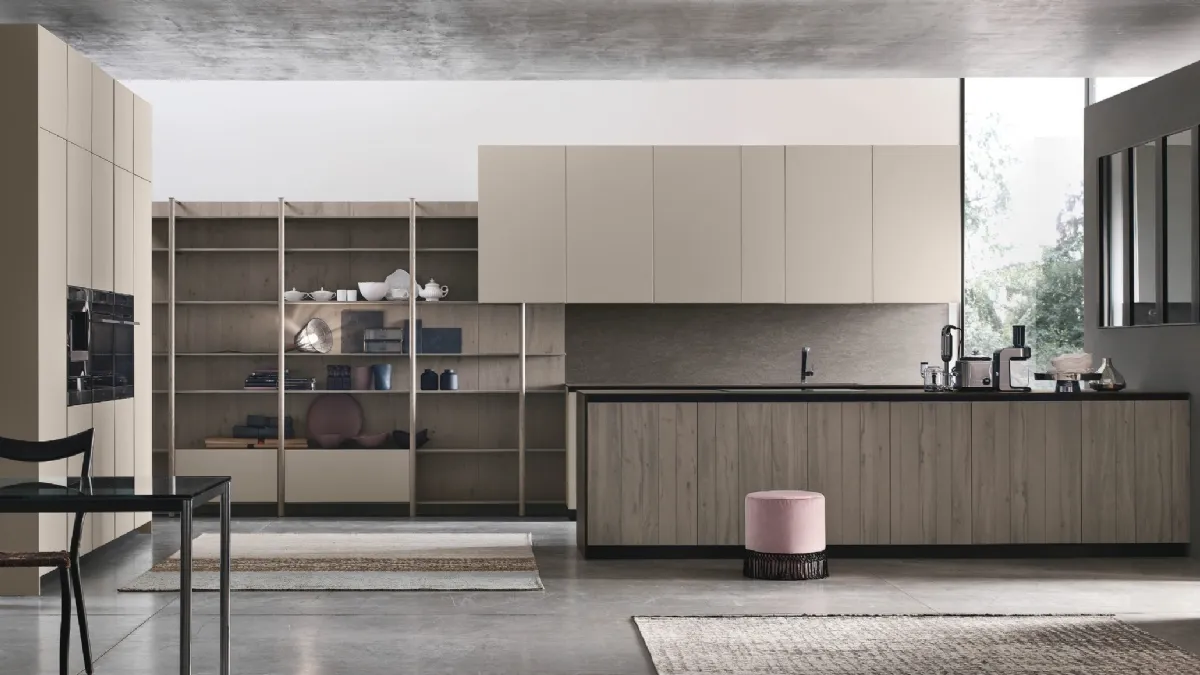 Cucina Moderna in laccato opaco con penisola in Rovere Grey Natural v08 di Stosa