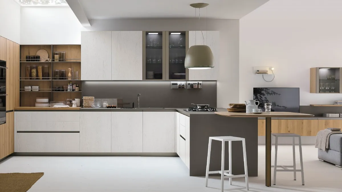 Cucina Moderna con penisola Natural v12 in Rovere Bianco e Rovere Miele di Stosa