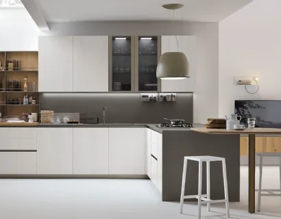 Cucina Moderna con penisola Natural v12 in Rovere Bianco e Rovere Miele di Stosa