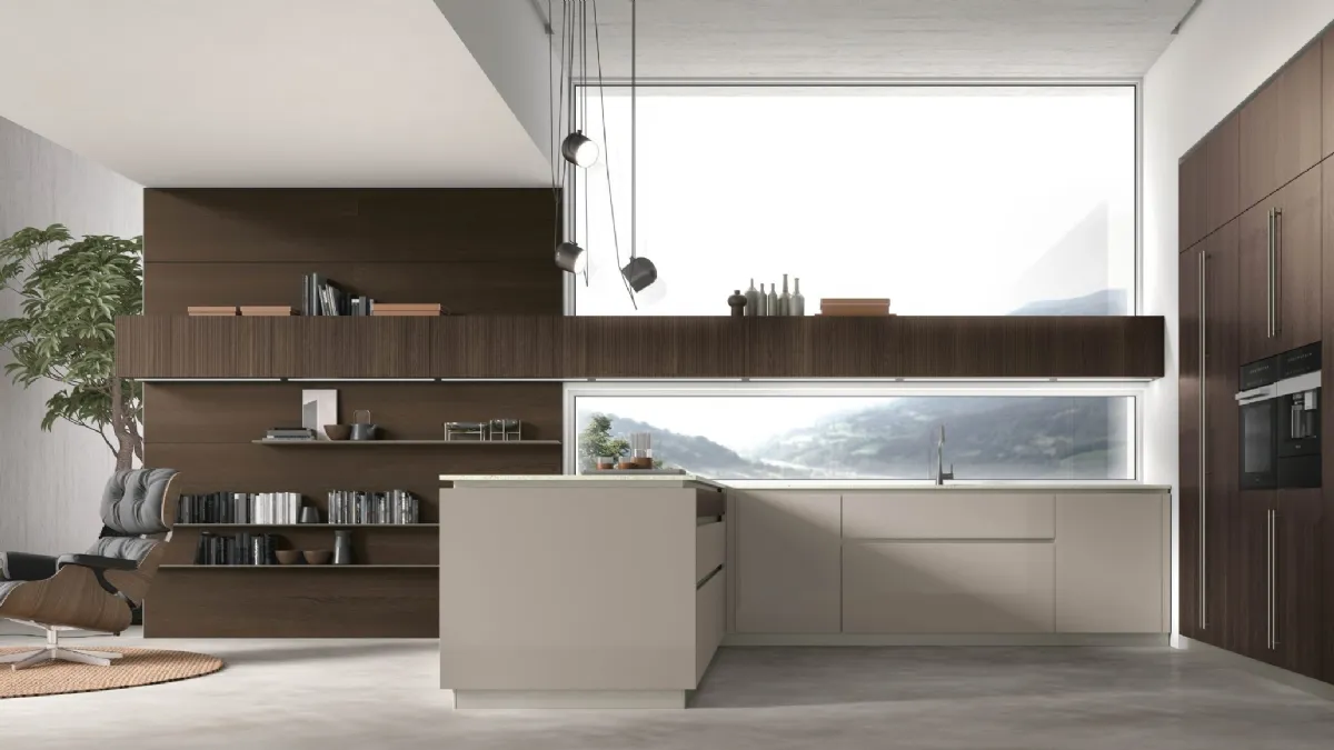 Cucina Moderna con penisola Natural v02 in laccato lucido e Rovere termocotto di Stosa