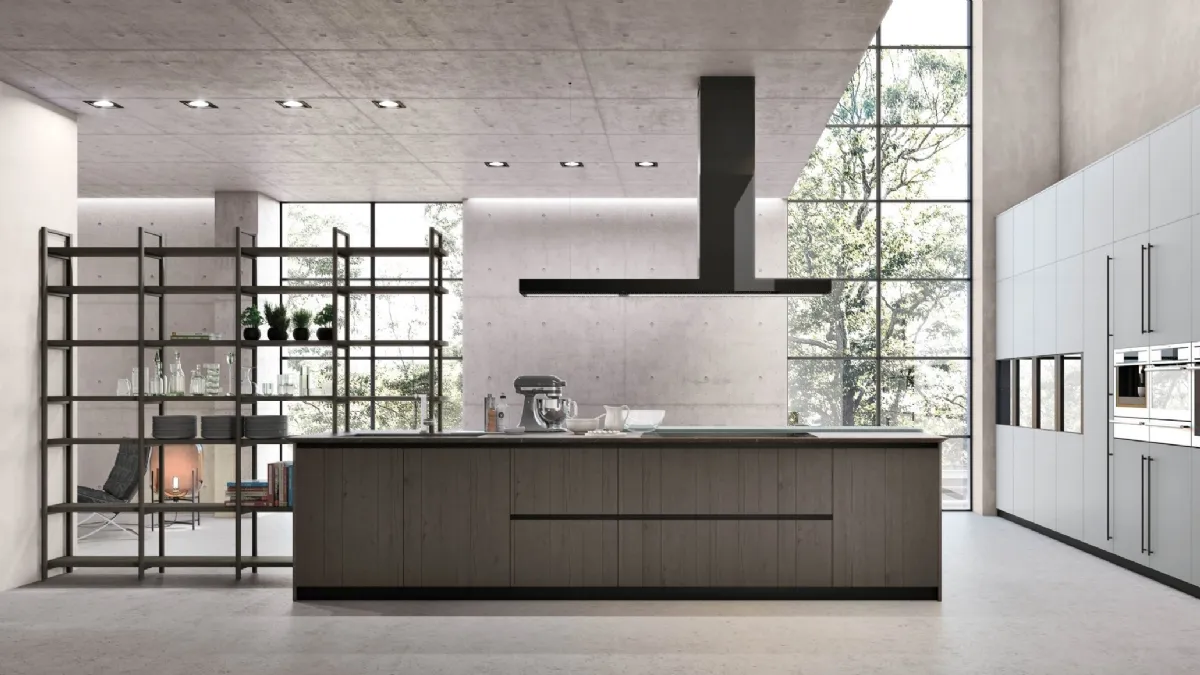 Cucina Moderna con isola Natural v07 in Rovere Dark e laccato opaco di Stosa