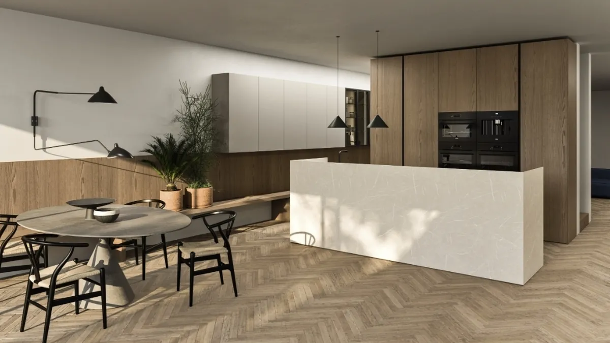 Cucina Moderna con isola Principio in legno e gres di Snaidero