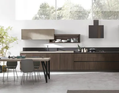 Cucina Moderna ad angolo Infinity v01 in Termo Strutturato Rovere Cumino e Graniglia di Stosa