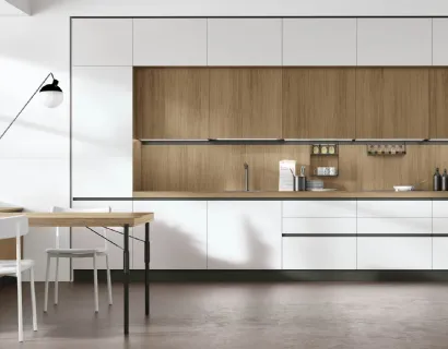 Cucina Moderna con penisola Infinity v10 in Pet Nebbia opaco e Rovere Anice di Stosa