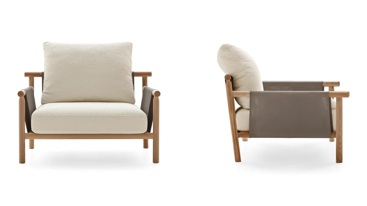 Poltrona Isamu in tessuto imbottito con struttura in legno di Ditre Italia